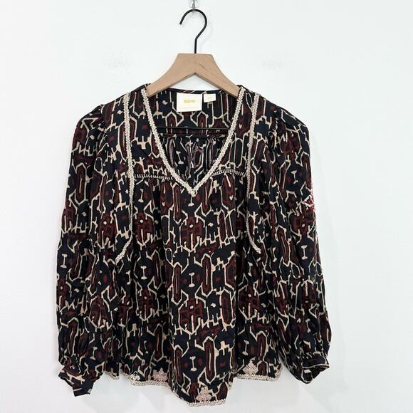 Anthropologie Maeve Veda Printed Embroidered Peasant Blouse Size XXS Petite - Picture 3 of 8